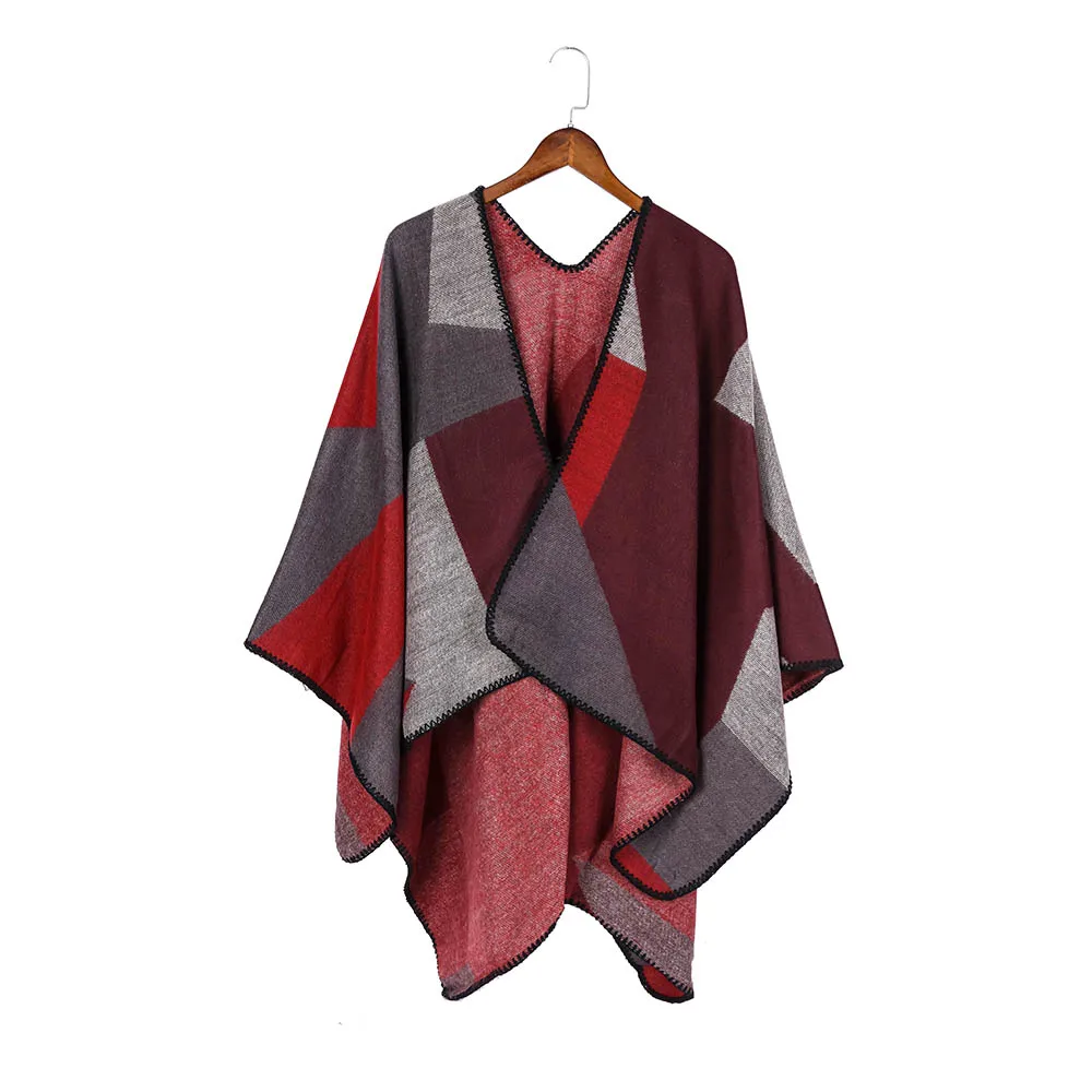 Wine Red Poncho FS кашемир женщина зима пончо открыть спереди кардиган для женщин Вечерние платки и обертывания шарфы лоскутное желтый - Цвет: Wine Red Poncho