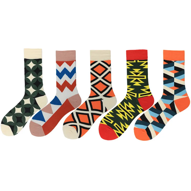

Fashion Men Socks Geometric Grid Triangle Pattern Cotton Sock Fall Winter Sock For Male Skarpetki Happy skarpety 5 paris
