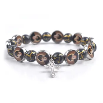 

St Charbel 8mm Glass Beads with Golden Decoration Catholic Elastic Bracelet