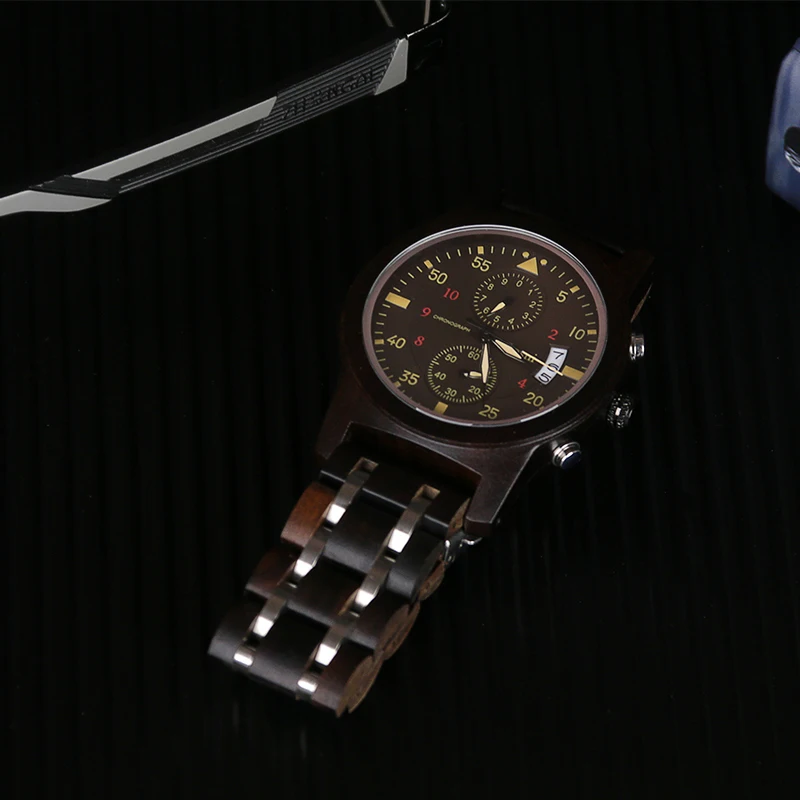 Роскошные брендовые деревянные наручные часы ручной работы, деревянные кварцевые часы, мужские автоматические часы с хронографом и датой, полностью натуральные деревянные кварцевые часы