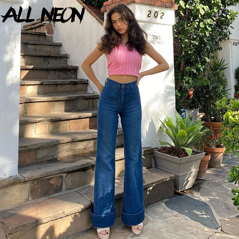 

ALLNeon Indie Aesthetics Oversized High Waist Baggy Jeans 90s Fashion Wide Leg Blue Flare Pants Y2K Outfit Vintage Long Trousers