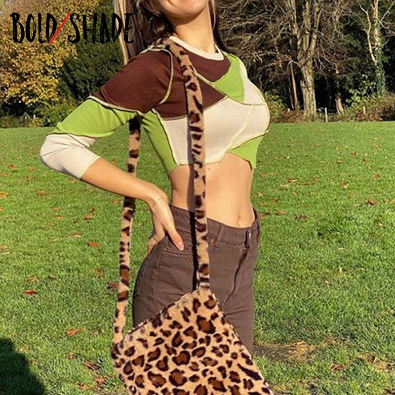 

Bold Shade Indie Aesthetic 90s Vintage Patchwork Tops Long Sleeve Streetwear Grunge Crop Top Y2k Fashion Women Casual T-shirts