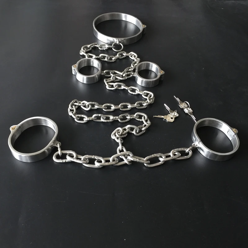 Stainless Steel Lockable Neck Collar Hand Ankle Cuffs Femdom Slave BDSM Bondage Handcuffs Leg Restraints Sex Toys For Couples 6