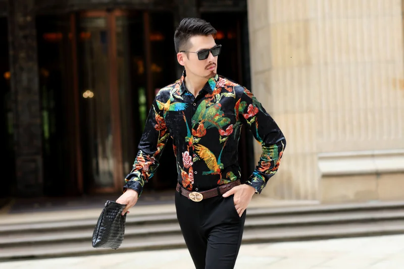 Бархатная рубашка с цветочным принтом для мужчин, Camicia Uomo, повседневные мужские рубашки с длинными рукавами, деловые рубашки, Chemise Homme Camisa