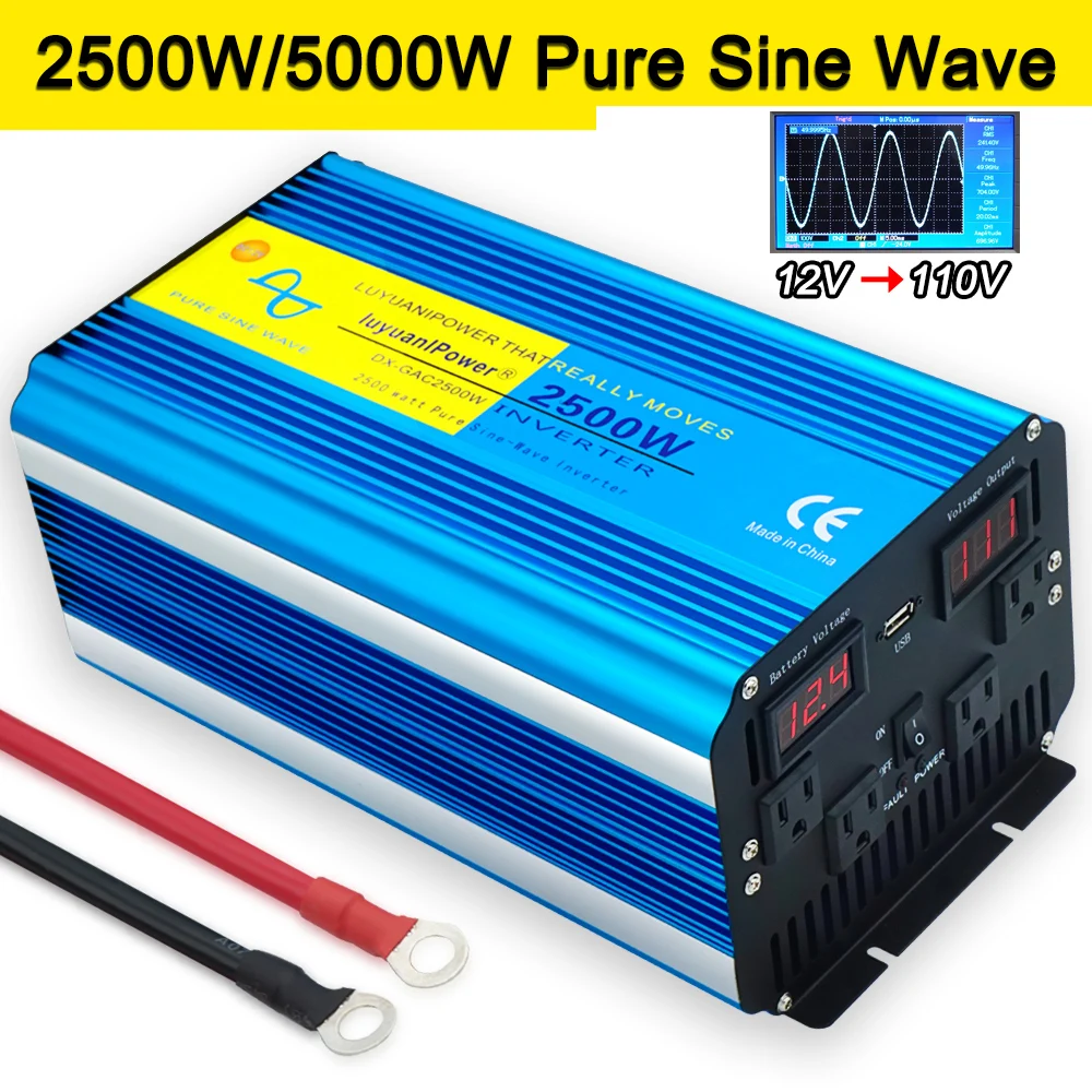 Dc 12/24V to AC 110V/230V 2500W/5000Watts пиковый двойной светодиодный дисплей чистая