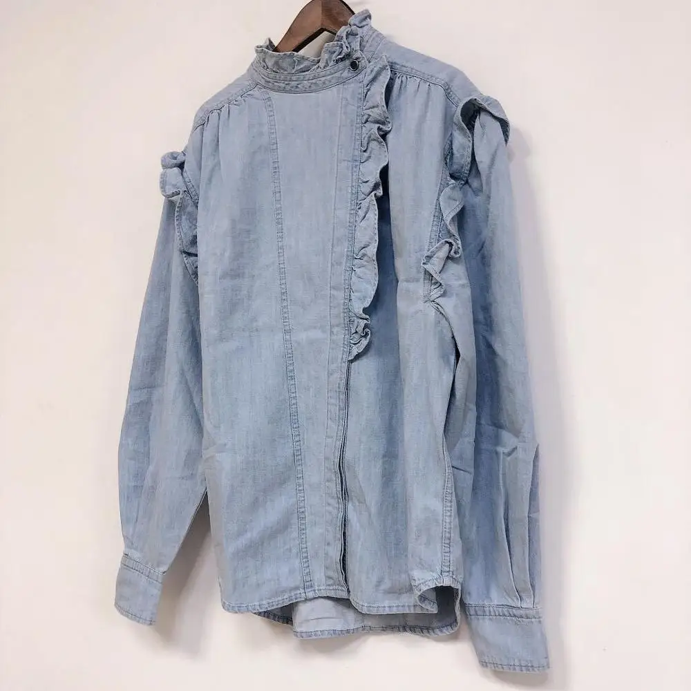 Women's Denim Blouse Ruffles Fresh Long Sleeve