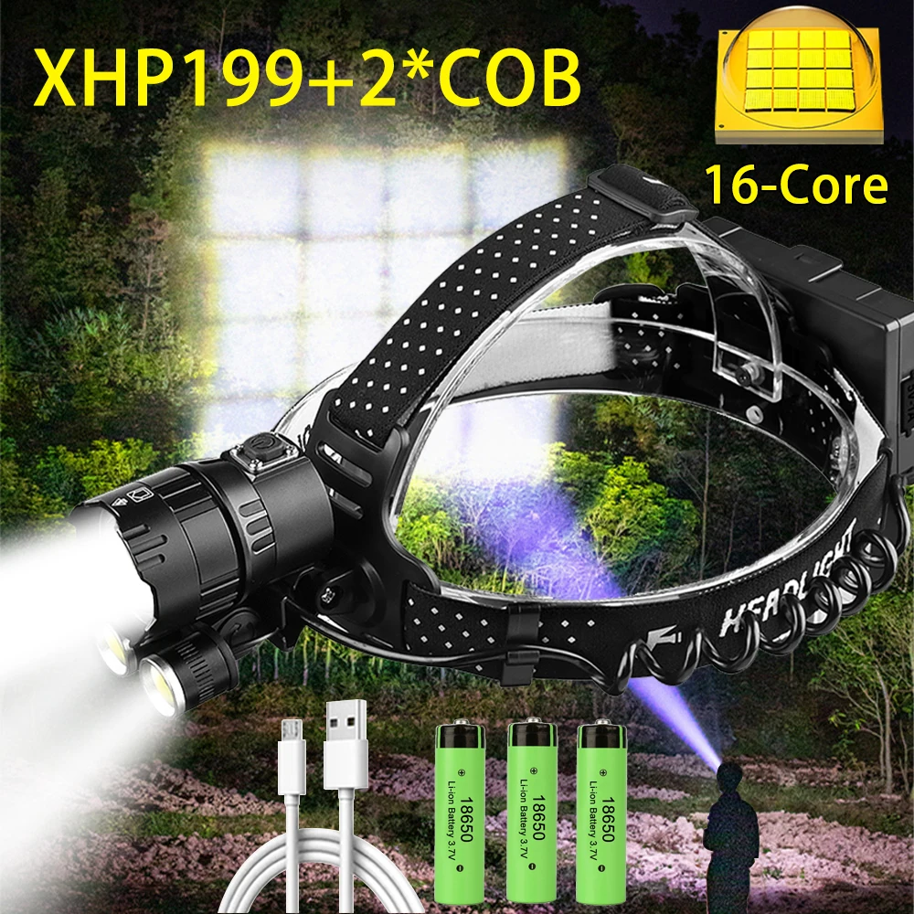 Налобный фонарь XHP199 с COB светодиосветодиодный перезаряжаемый от USB Головной 18650