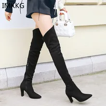 Сапоги выше колена на высоком каблуке; женские сапоги из эластичной замши с острым носком; зимняя женская обувь с коротким плюшем; a688