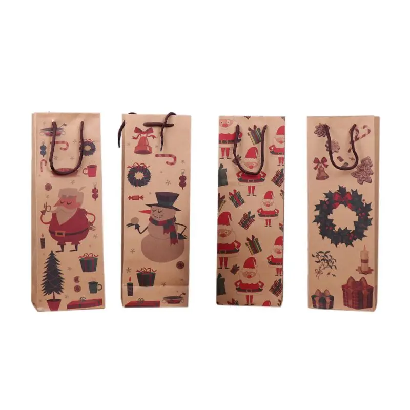 12pcs/lot Christmas Gift Bag New Year Practical Beautiful Kraft Paper Wine Bags Santa Claus Cute Paper Wine Holder