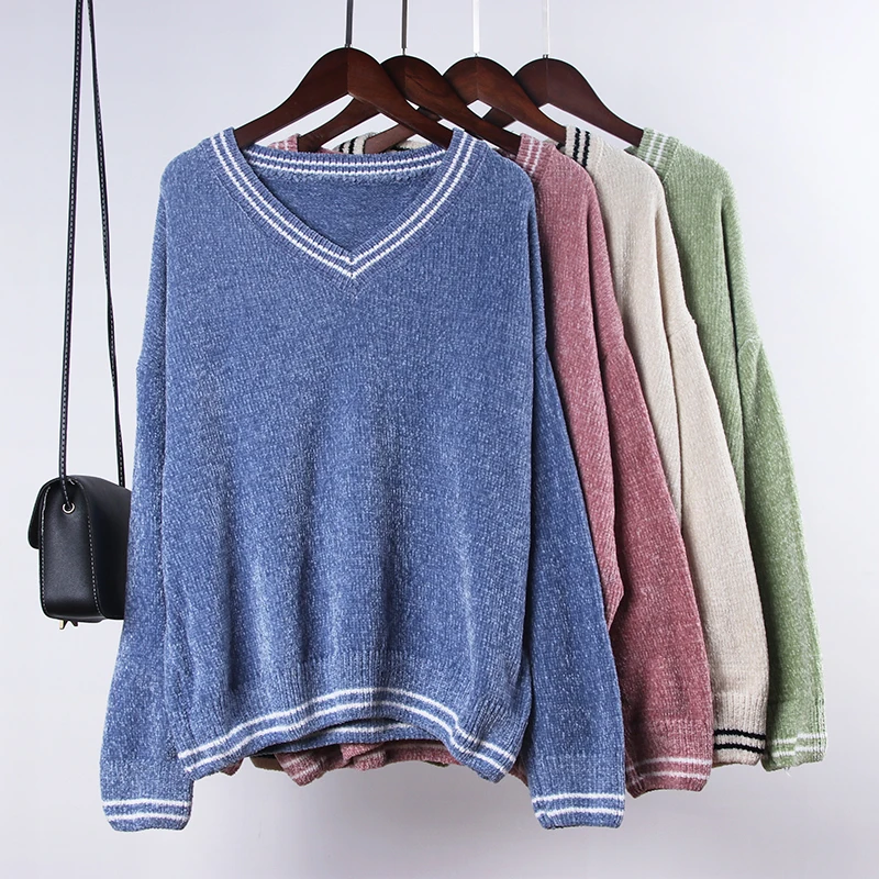 Hirsionsan, синель, утолщенный свитер, женский, v-образный вырез, свободный, зимний, теплый, в полоску, джемпер, однотонный, Повседневный, вязаный, длинный рукав, пуловер, топы