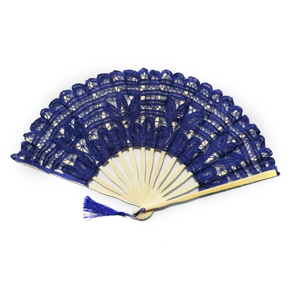 Exquisite Folding Tassel Handmade Lace Design Hand Fan Bamboo Bone Decoration Hollowed Out Dancing Props Accessories Portable - Цвет: White Blue