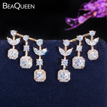 

BeaQueen Personality 585 Gold Color Leaf Shape Big Square Drop Tassel Earrings Cubic Zirconia Crystal Women Fashion Jewelry E335