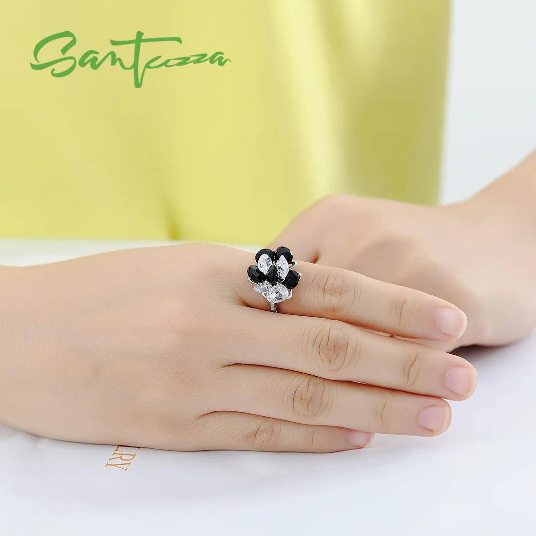 SANTUZZA, серебряное кольцо для женщин, 925 пробы, серебряные Модные кольца для женщин,, черный оникс, кубический цирконий, кольца, вечерние ювелирные изделия