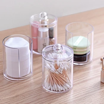 

Clear Plastic Cosmetic Organizer Cotton Swabs Box Round Case Storage for Home
