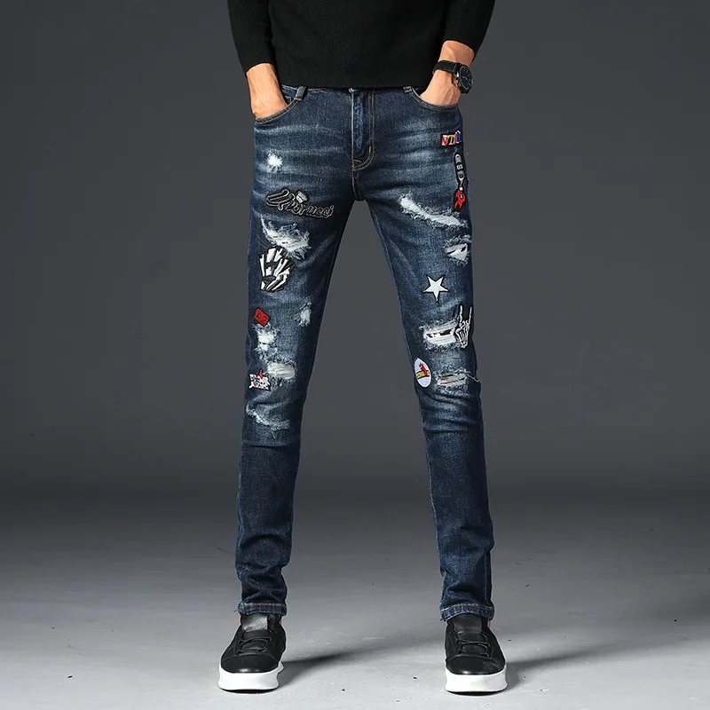 

2019 Autumn Europe And America Cool Popular Brand Embroidered Trend with Holes Badge Elasticity Skinny Slim Fit Jeans Men