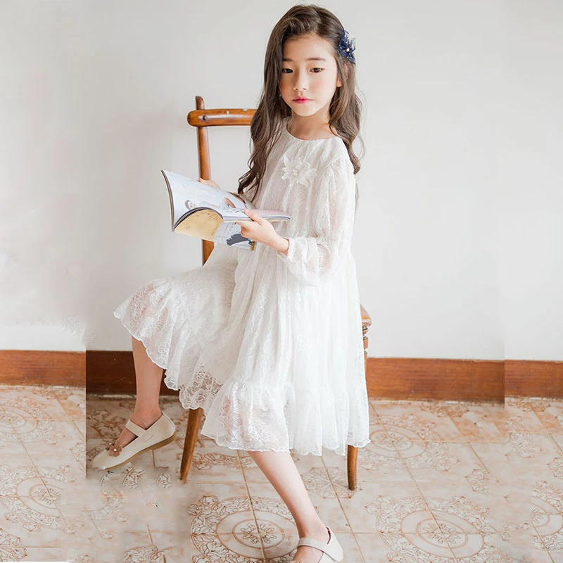 Lace Floral 2020 Autumn Spring Teenage Girls Dress Long Sleeve Clothes White Baby Girl Children Clothing Casual Kids | Детская одежда и