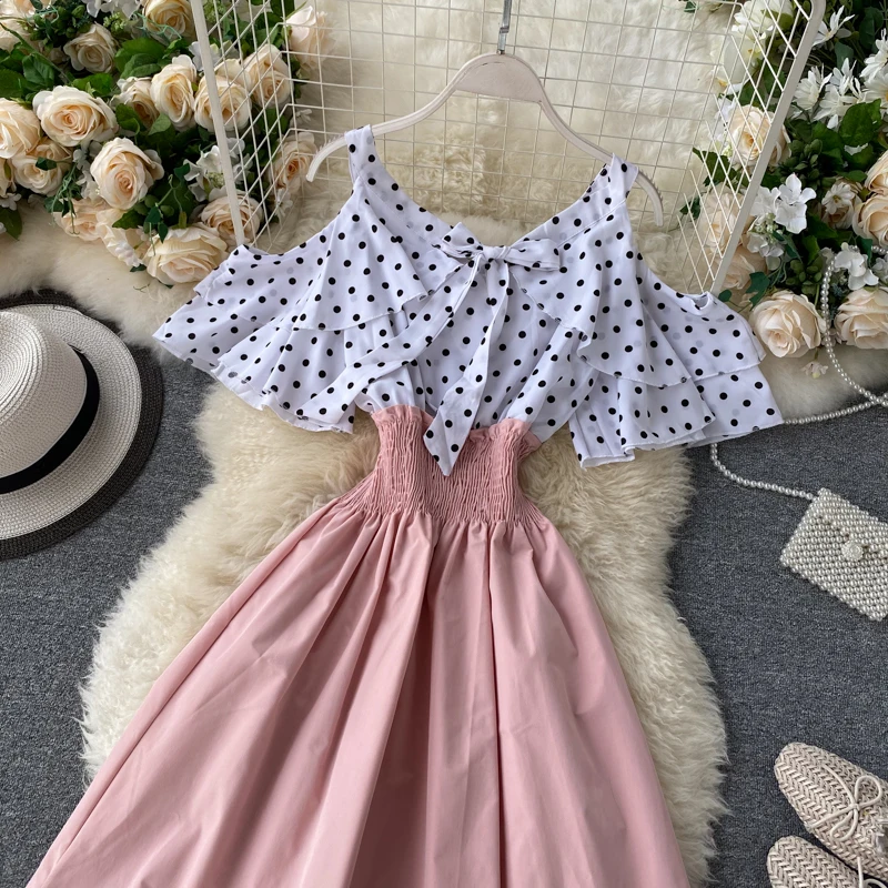 Boho Ruffles sexy Off shoulder polka dot print patchwork Summer short Dress Women slim waist dress casual a-line beach dress