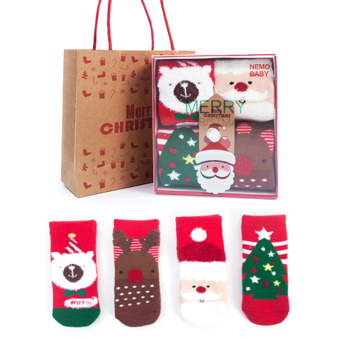 

4Pcs Autumn and Winter Terry Thicken Cotton Socks Christmas Soft Stocking for 6-10 Year-old Kids - B Group L