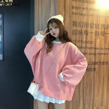 

Hoodies Women Long Sleeve Loose Korean Style Thicker Leisure Womens Soft Female Patchwork Simple Harajuku Elegant Pink Kawaii