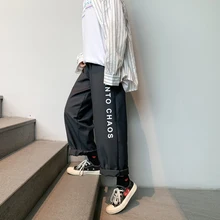 Весна и осень новые мужские молодежные популярные хлопковые Свободные повседневные брюки с низкой талией и принтом черные/серые S-2XL