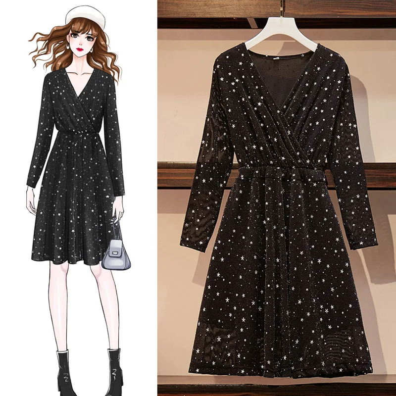 

Autumn Elegant Plus Size Women Casual A-line Bright Silk Party Dress V Neck Long Sleeve Knee-Length Slim Shining Stars Vestidos