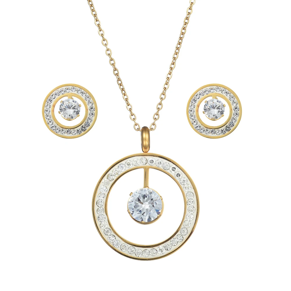 

016Jewelry Set for Women Zircon Gold Color Round Design Necklace Stud Earrings Party Jewelry 2020 Ethiopian Jewelry