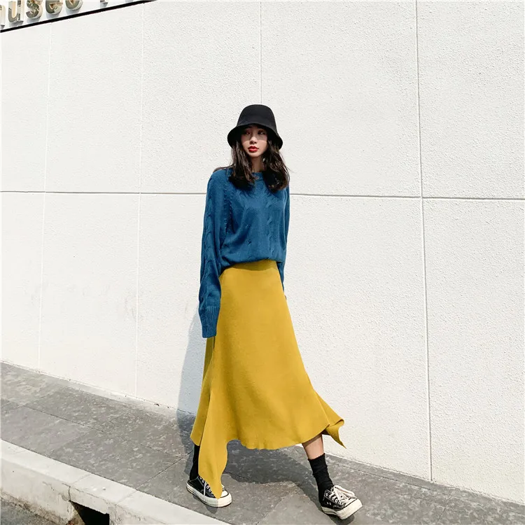 Корейская шикарная Асимметричная юбка, Женская винтажная Однотонная юбка средней длины с высокой талией, черная элегантная желтая юбка на зиму и осень