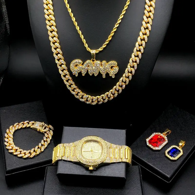 

Luxury men's watch frozen Cuban Hip Hop Gold Watch & English Necklace & Bracelet & ring combination men's jewelry set