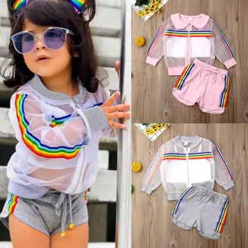 

3PCS Fashion Newborn Baby Kids Girls Coat+Vest+Pants Outfits Girls Rainbow Sets