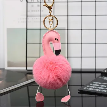 

Pink Flamingo Pom Pom Keychain Hoop Faux Fur Bag Purse Charm Gold Ring Fluffy Furry Ball Pendant Car Key Chains Women Girls Gift
