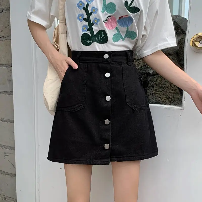 Women Casual Summer Mid Waist Shorts Denim Jean Shorts Junior Short Jeans 2 Layers Buttons Decor Pockets Korean Teens Ullzang
