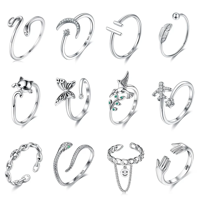 Anillos de plata de ley 925 para mujer, con forma de mariposa de serpiente, anillo abierto Ajustable, fino S925, perla, circonita, accesorios de joyería