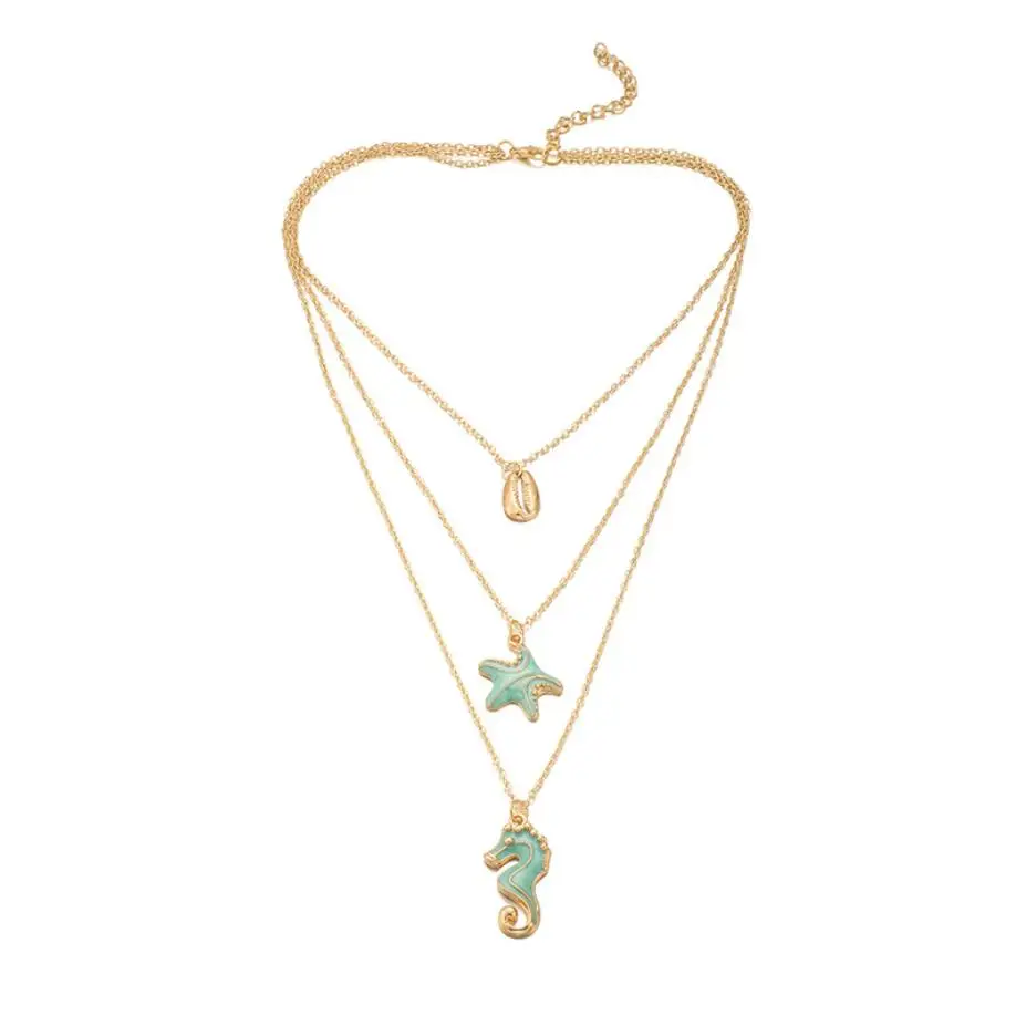 

Hot Bohemian New Gold Chain Green Starfish Seahorse Pendant Necklace for Women Lady Multi layer Necklace Summer Beach Jewellery