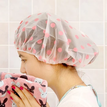 

Fashion Waterproof Wave Point Bath Cap Hat Elastic Shower Hat Reusable Bath Head Hair Cover For Women Salon Shower Bathroom Tool