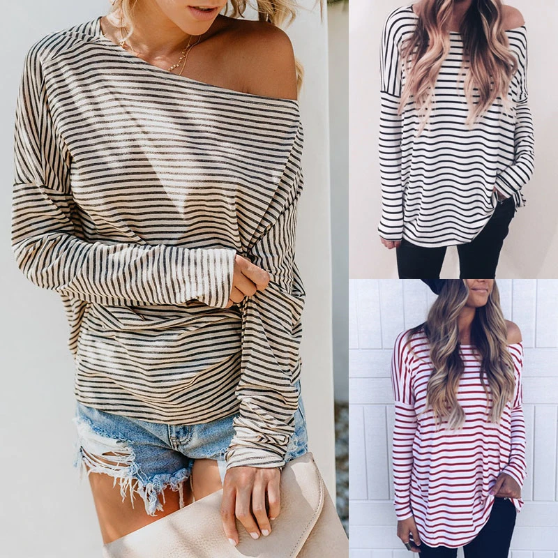 

1PC Women Blouses Striped Blouse Women Off Shoulder Blouse Long Sleeve Tops Womens Blouses And Tops Autumn Female Clothes