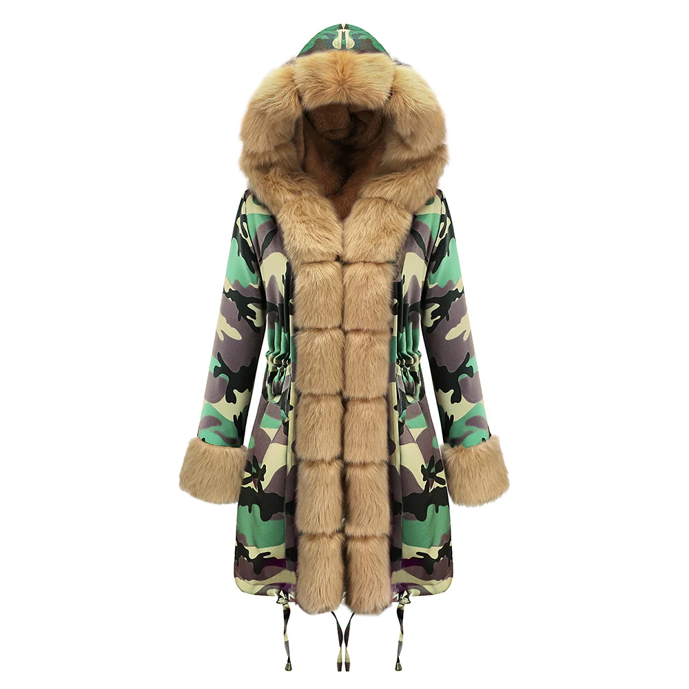 19D013-Green Женские парки, коллекция, классическая черная искусственная меховая камуфляжная зеленая Военная Тонкая зимняя женская парка, длинная толстая теплая парка с капюшоном - Цвет: 19D013-Green