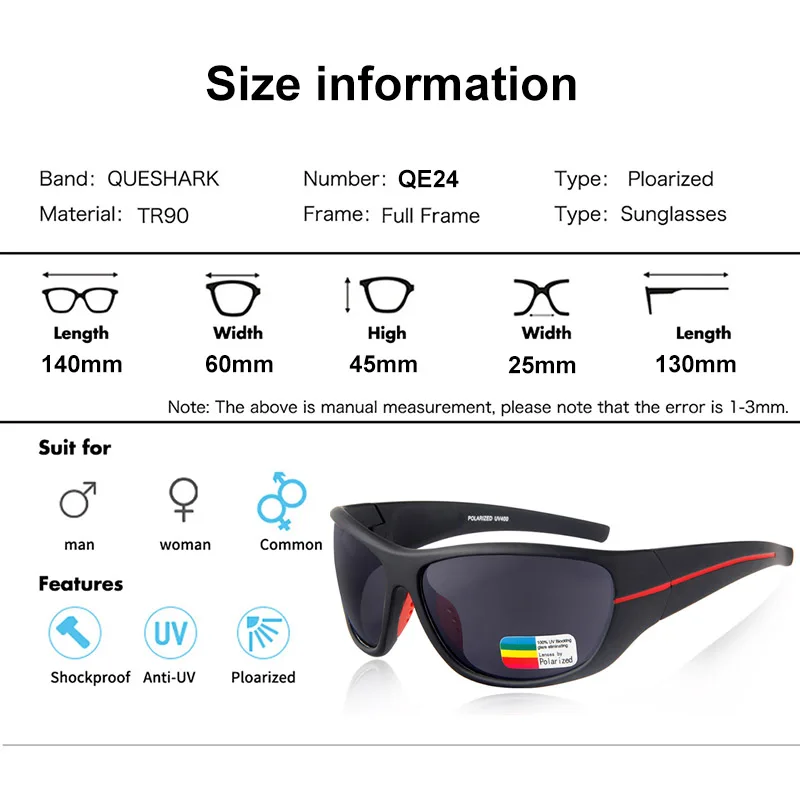QUESHARK Men Women HD Polarized Sports Fishing Sunglasses UV400 Anti-Glare  Hiking Eyewear TR90 Frame Sport Bike Cycling Glasses