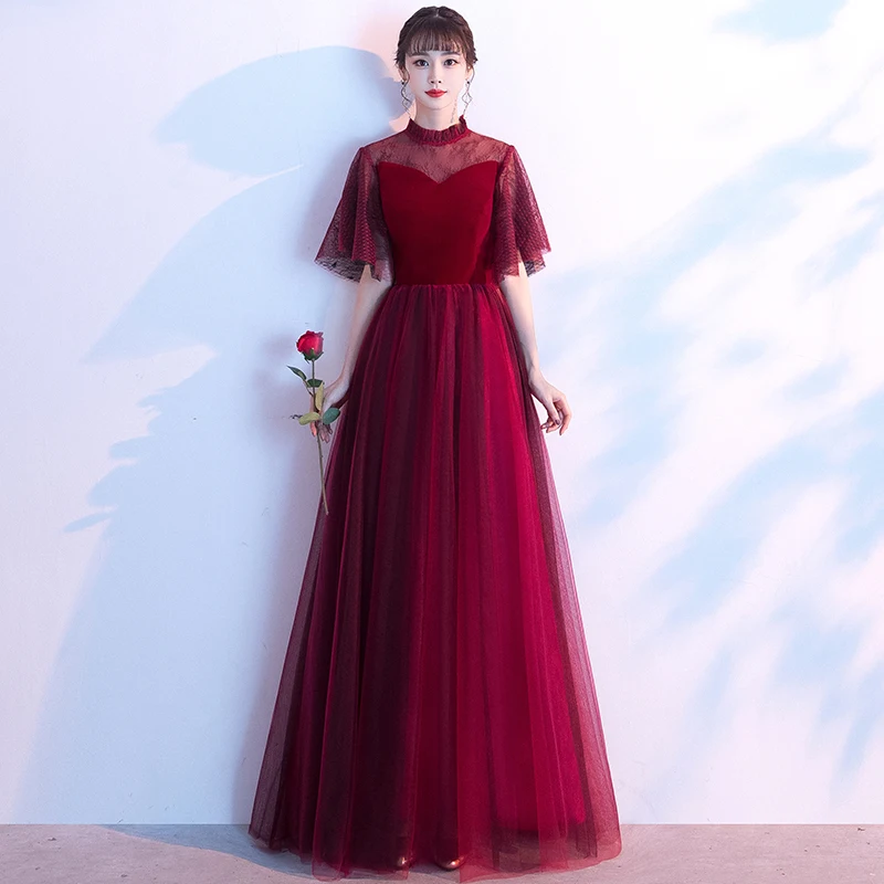 It's Yiiya Evening Dress Burgundy High Collar Elegant Formal Gowns Long Plus Size Evening Dresses Zipper robe de soiree LF170
