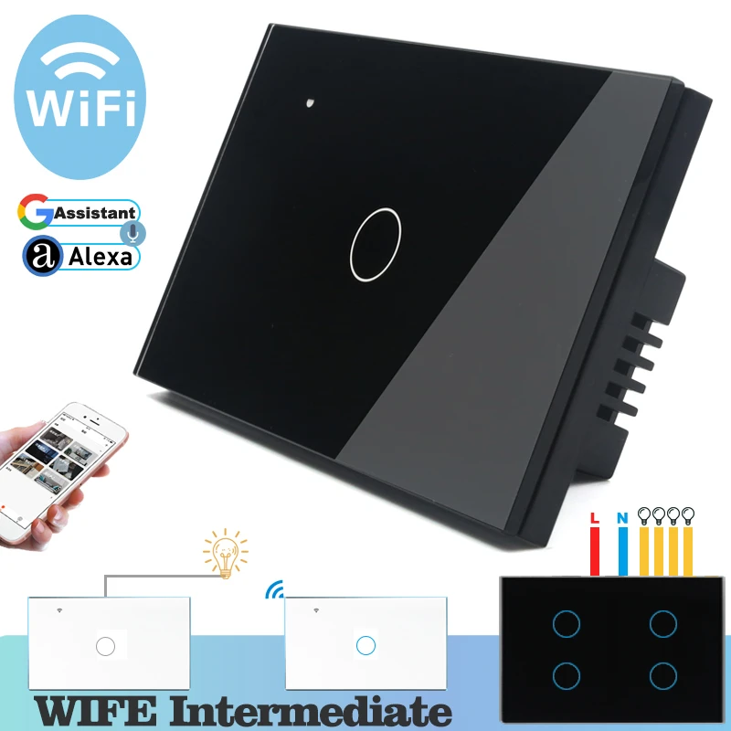 WI-FI сенсорный светильник настенный выключатель Черный Стекло Панель синий светодиодный US 118*72 мм Универсальное автомобильное зарядное устройство с домашний телефон Управление 1 Gang 2 способ реле круглый