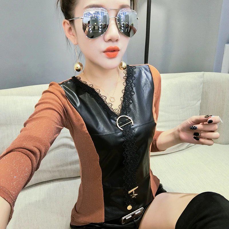 Khaki with fleece Европейская мода Сексуальная Лоскутная Pu Кружевная футболка новинка осень зима Женская хлопковая с флисовым блестящим топом Camiseta Mujer T90310 - Цвет: Khaki with fleece