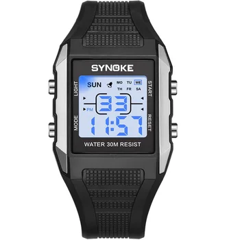 

SYNOKE Digital Watch Men Square Simple Fashion Shock Resistant Stop Watch 3Bar Alarm Week Display Man Wristwatch