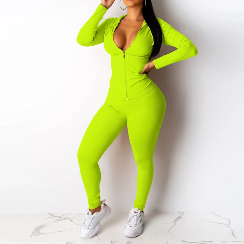 Autumn Women Zipper Up Long Sleeve Hooded Top Pencil Pants Suit Two Piece Set Casual Sporting Tracksuit Neon Green Outfits