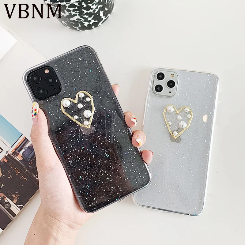 Чехол для iPhone 11 Роскошный прозрачный чехол с жемчужинами и блестящими сердечками