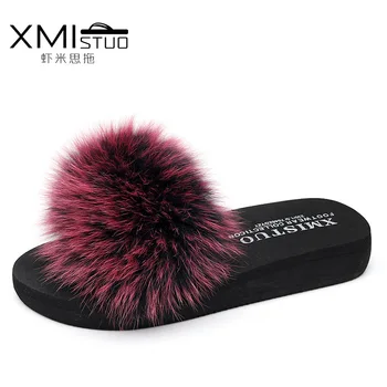 

summer Slippers women Female Outer wear Beach flip flops mid heel Fox hair flat Non-slip Outer wear Plush Word shoes woman