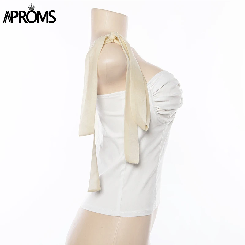 Aproms, элегантные женские топы на бретельках с бабочкой на плечах и рюшами, уличная мода, облегающие Топики, шикарный белый черный укороченный топ