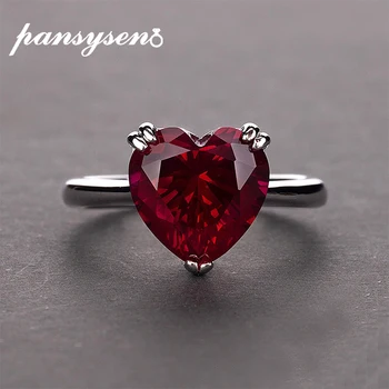 

PANSYSEN Red Ruby Heart Gemstone 925 Sterling Silver Wedding Rings For Women Bridal Fine Jewelry Engagement Ring Accessories