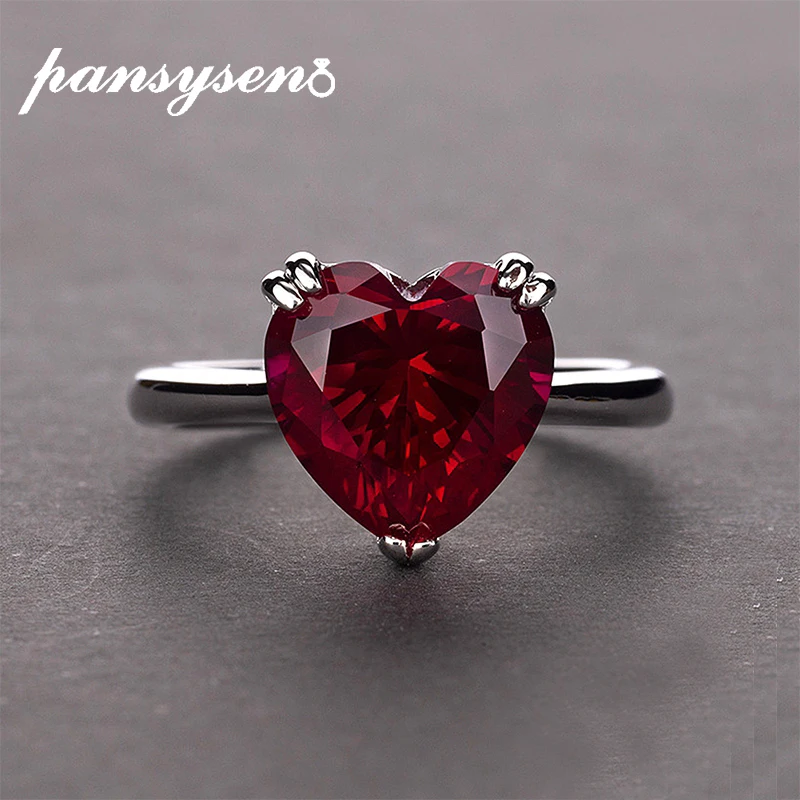 PANSYSEN Red Ruby Heart Gemstone 925 Sterling Silver Wedding Rings For Women Bridal Fine Jewelry Engagement Ring Accessories PANSYSEN Red Ruby Heart Gemstone 925 Sterling Silver Wedding Rings For Women Bridal Fine Jewelry Engagement Ring Accessories