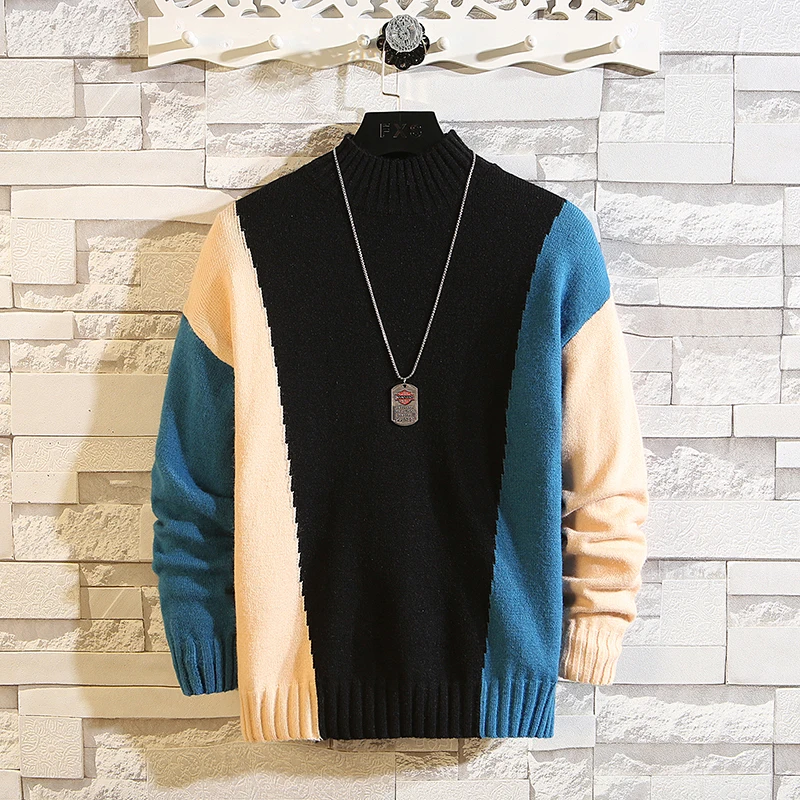 

ZUSIGEL New O-Neck Contrast Color Pullover Mens Sweaters for 2019 Hip Hop Knitted Half Turtleneck Sweater Men Plus Size M-7XL