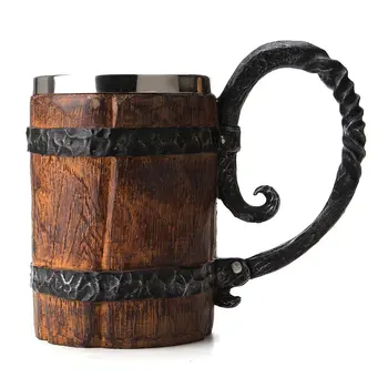 

Original Viking Drinking Mug Sealed Simulation Log Double Stainless Steel Mug Best Gift Home Cup Wood Color Coffee Or Tea Cups