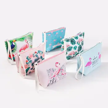 

Multifunction Women PU Cosmetic Bag Flamingo Flower Pattern Waterproof Makeup Key Card Earphone Bag Travel Toiletry Beauty Kit